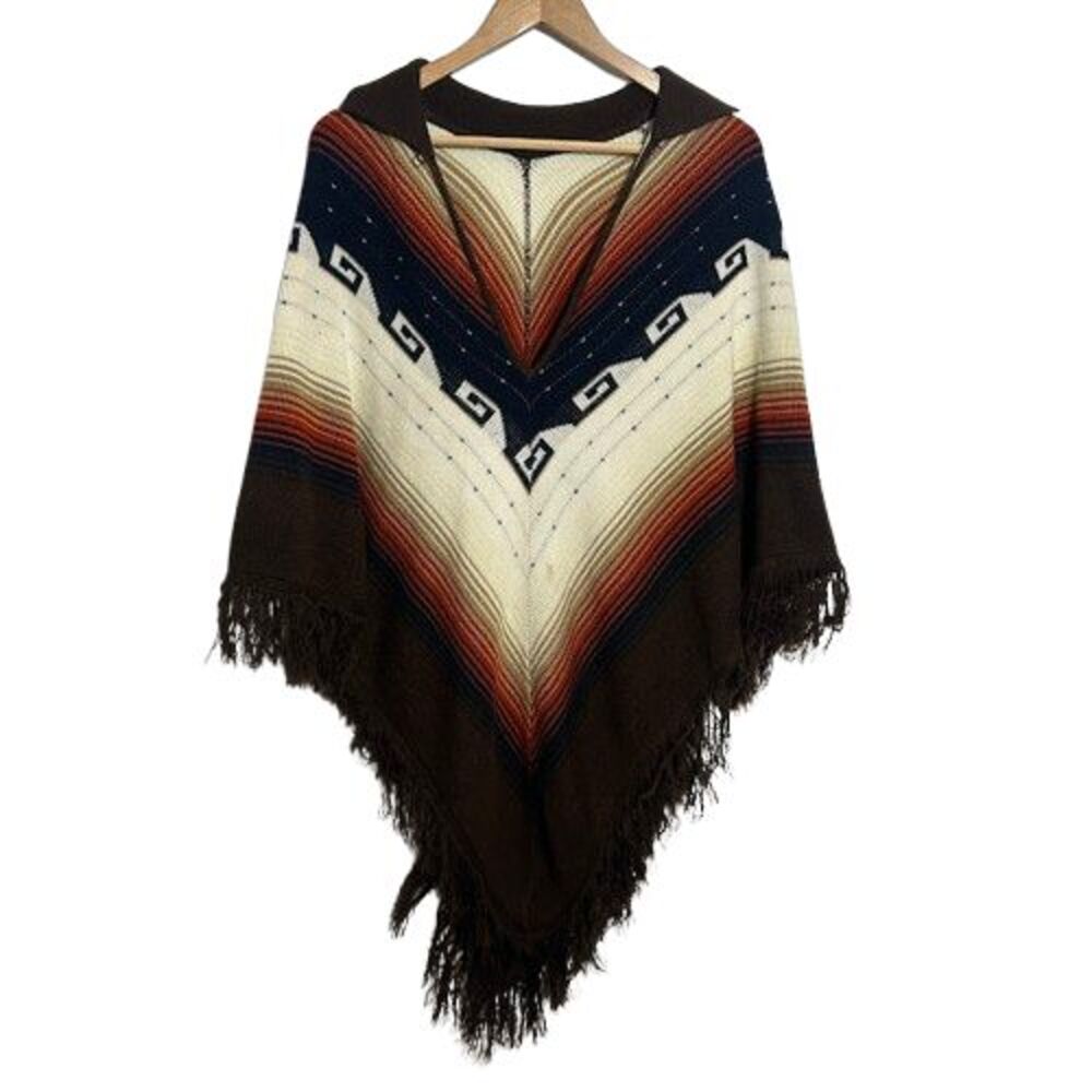 VTG 70s Aztec Sweater Knit Fringe Poncho Shawl Multicolor Hippie Boho Cape